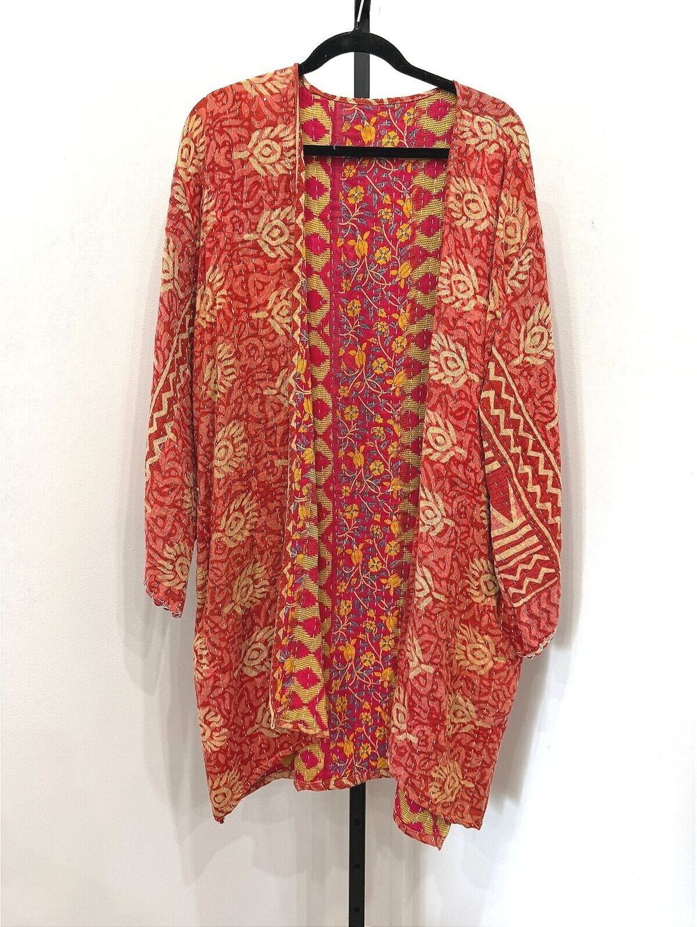 Handmade Vintage Red and Pink Floral Kantha Quilt Jacket